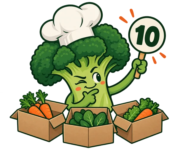 Tecknad broccoli i kockmössa håller upp betyget 10 framför tre matkassar