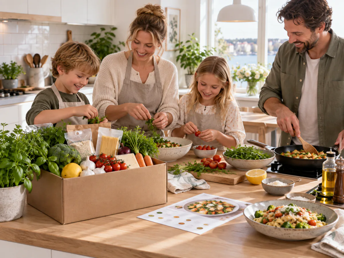 En familj lagar middag tillsammans i köket