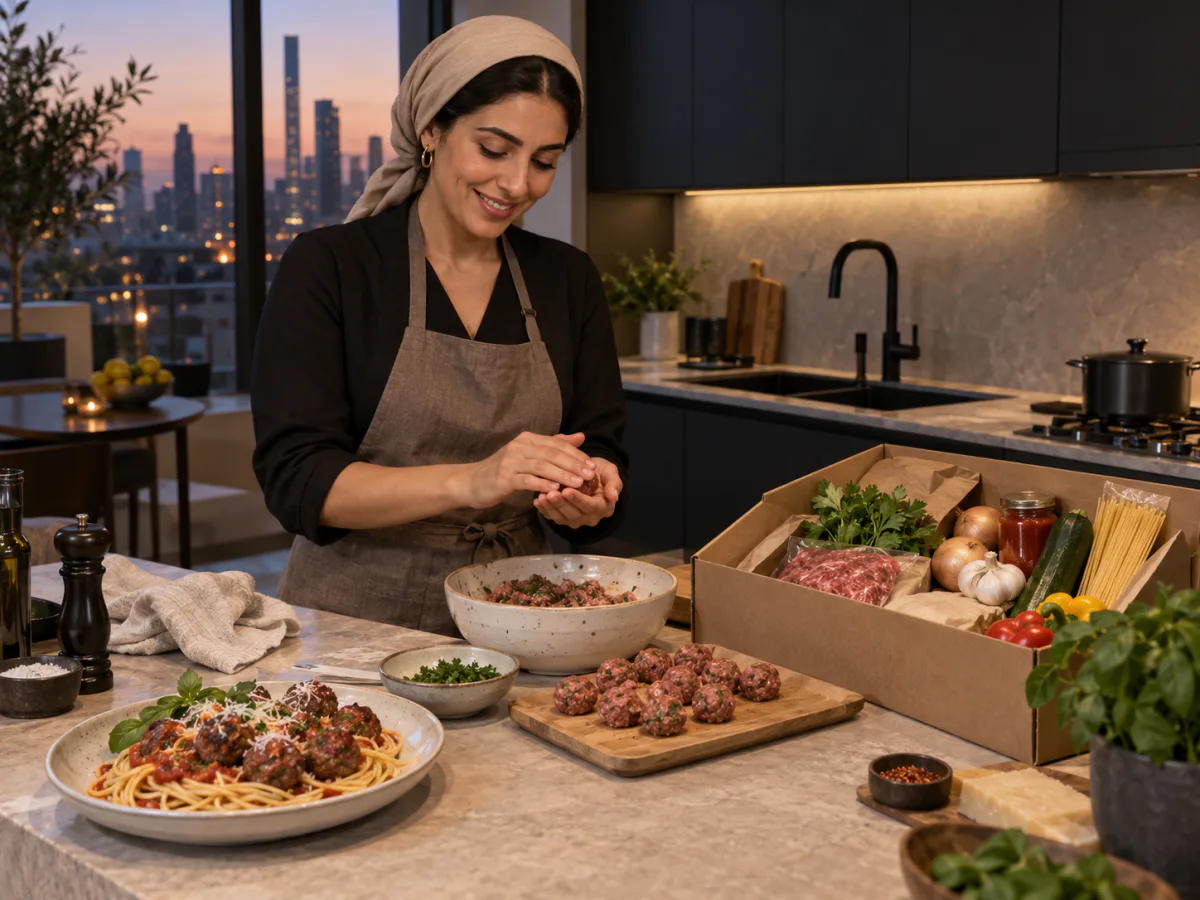 En kvinna lagar köttbullar och pasta i köket