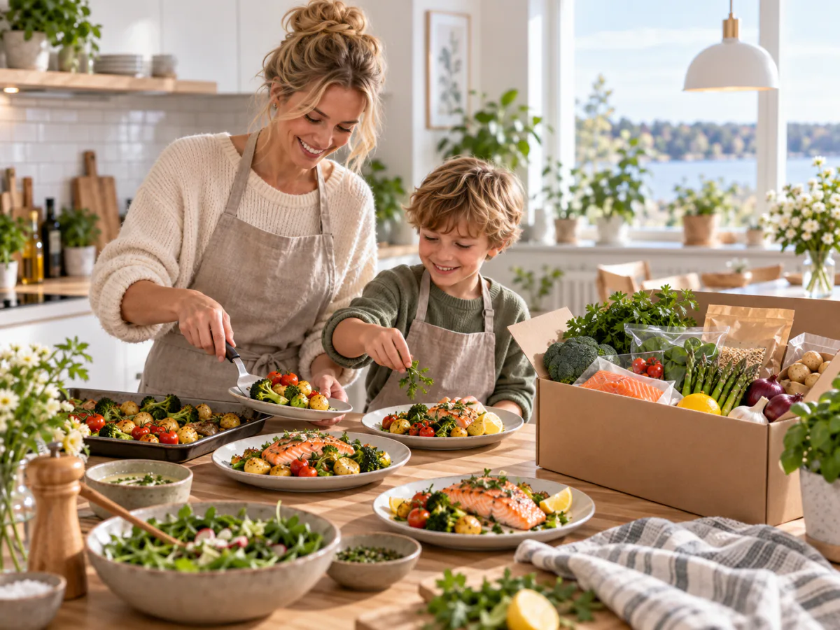 En mamma och ett barn dukar för middag