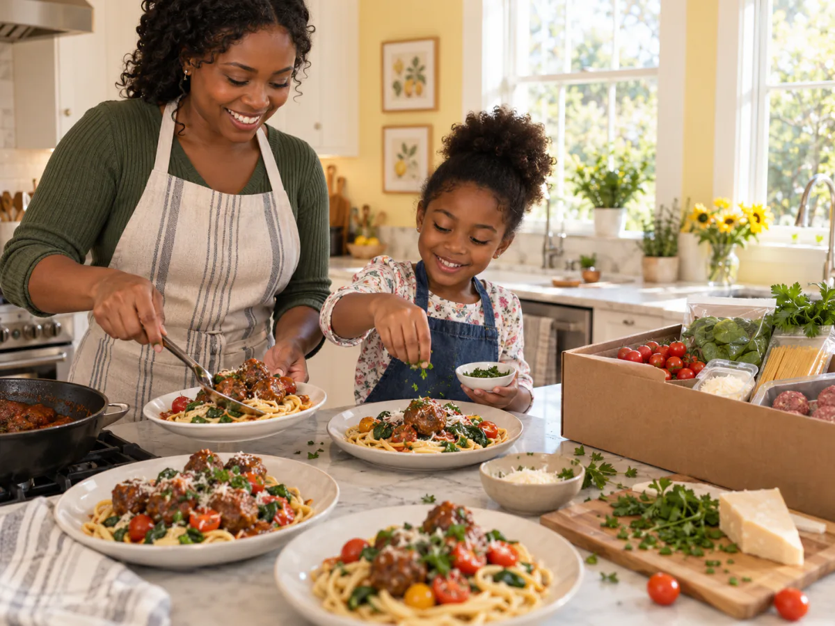 En mamma och hennes dotter lägger upp pasta med köttbullar