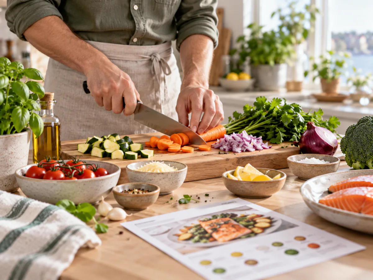 En man skär grönsaker med receptkortet framför sig