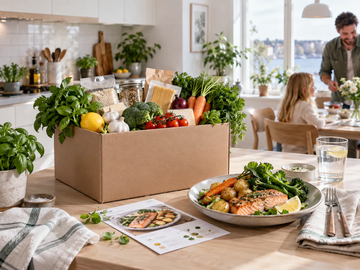 En uppackad matkasse i köket med råvaror till en laxmiddag