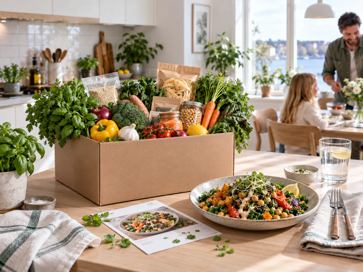 Råvaror till en vegetarisk rätt uppackade i köket