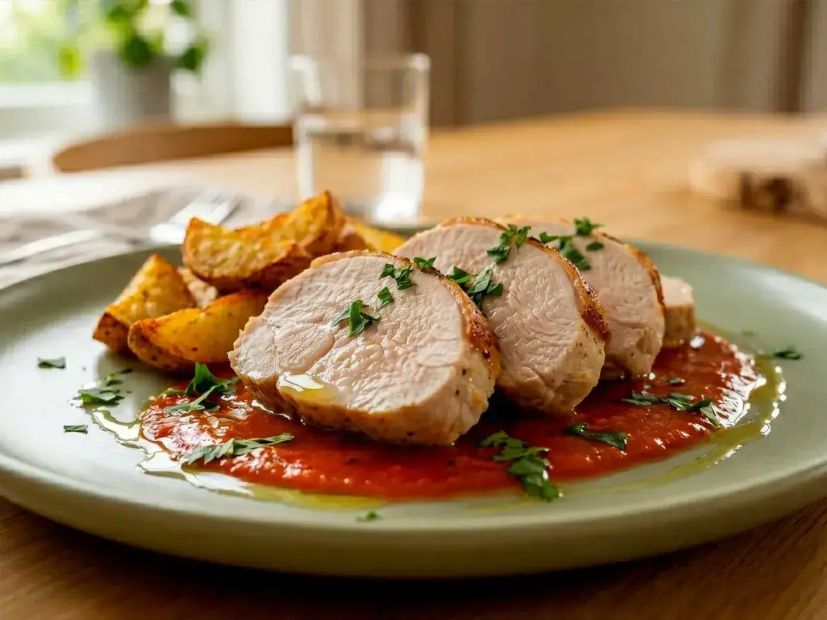 Skivad kalkonfilé på tomatsås med klyftpotatis och persilja på en grön tallrik