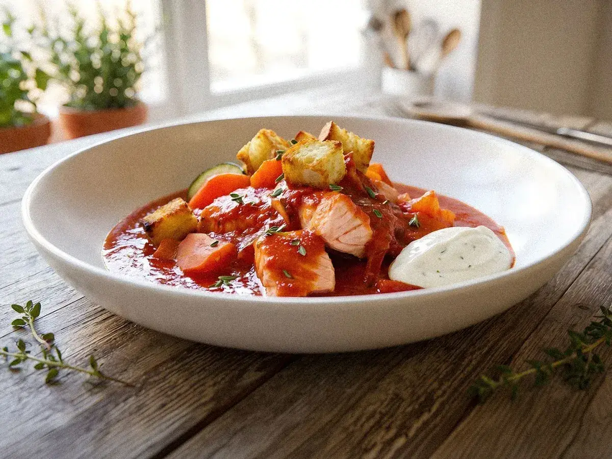 Lax i tomatsås med grönsaker, krutonger och en klick vit sås i en djup tallrik