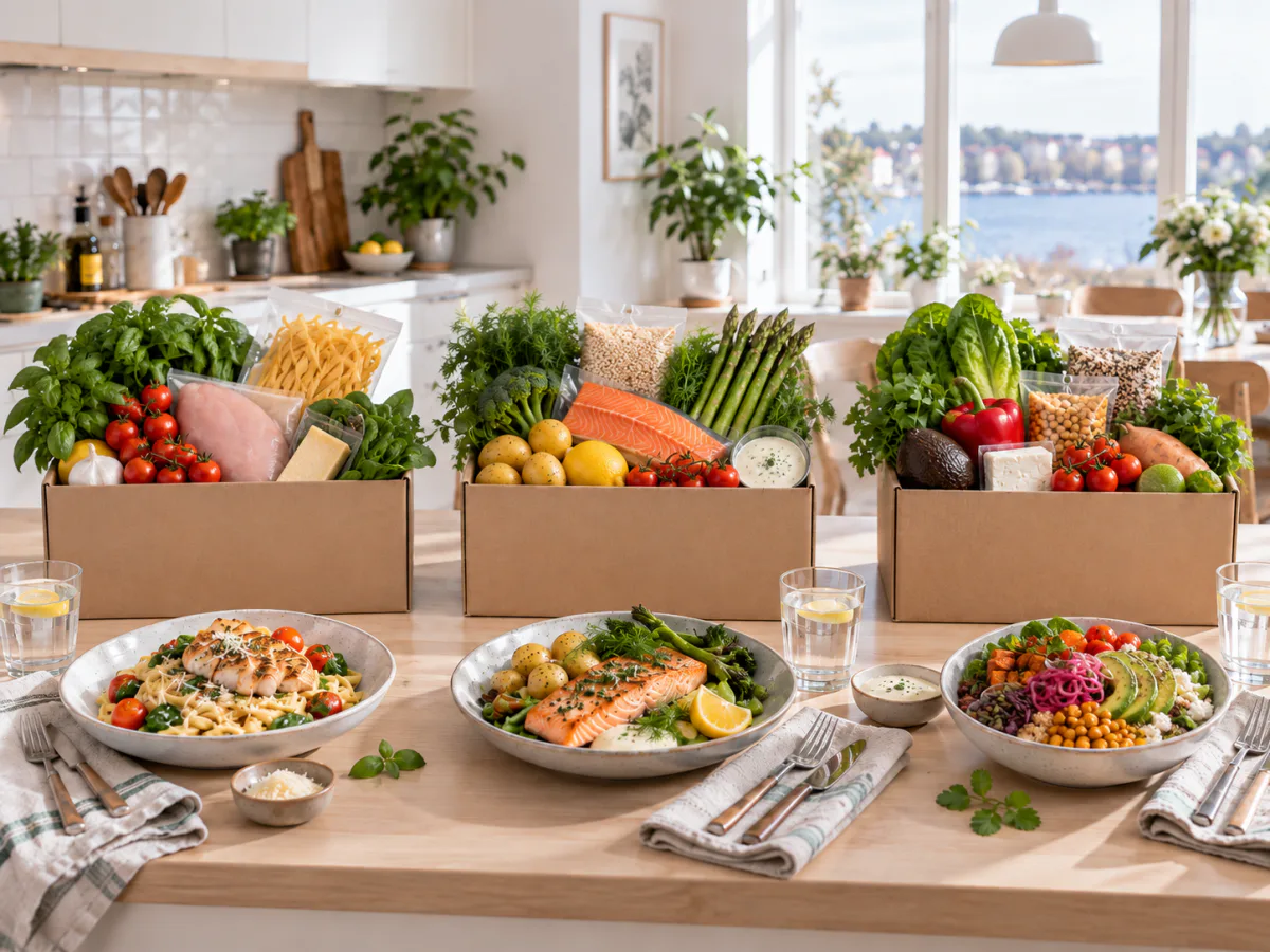 Tre matkassar står uppradade på ett köksbord