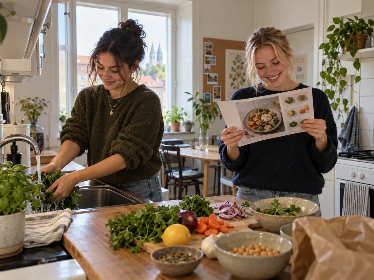 Två väninnor lagar mat, den ena sköljer örter och den andra läser receptkortet